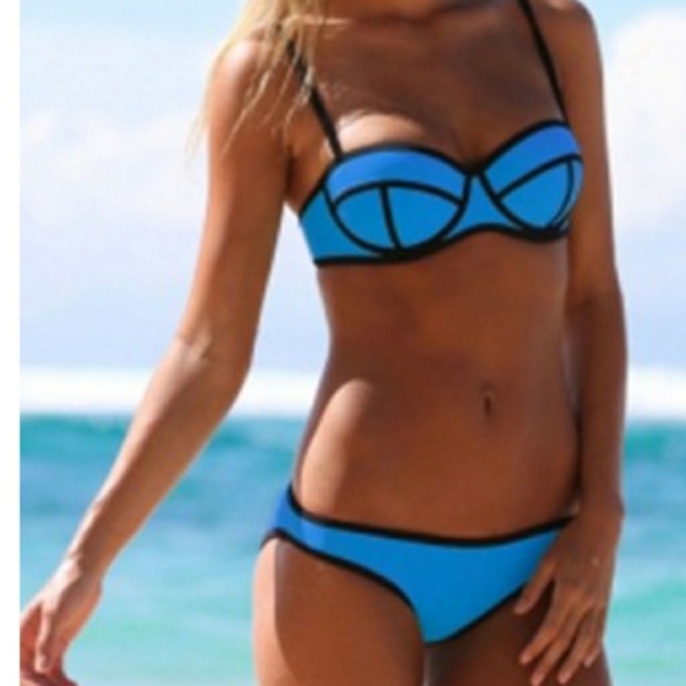 Black Ribbon Textured Blue 2pcs Bikini Swimsuit -